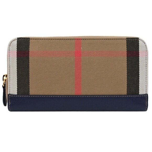 Burberry Check Zip Around Leather Wallet Dark Blue 8084516 - Picture 1 of 11